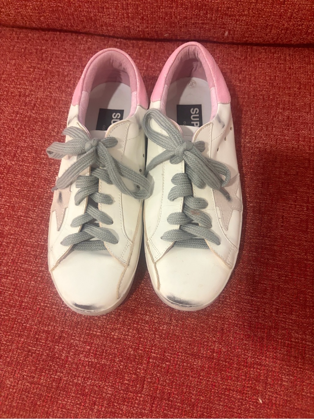Golden Goose White Leather Sneakers with Pink Heel Collar and Gray Laces